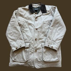 VTG Lands' End Chore Coat Jacket Mens XL Beige Tan Insulated Button Front Suede